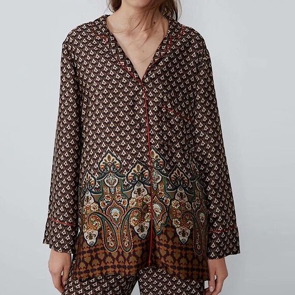 Zara Top Satin Blouse Geometric Print Shirt Size S • NEW WITH TAGS • - Picture 1 of 10